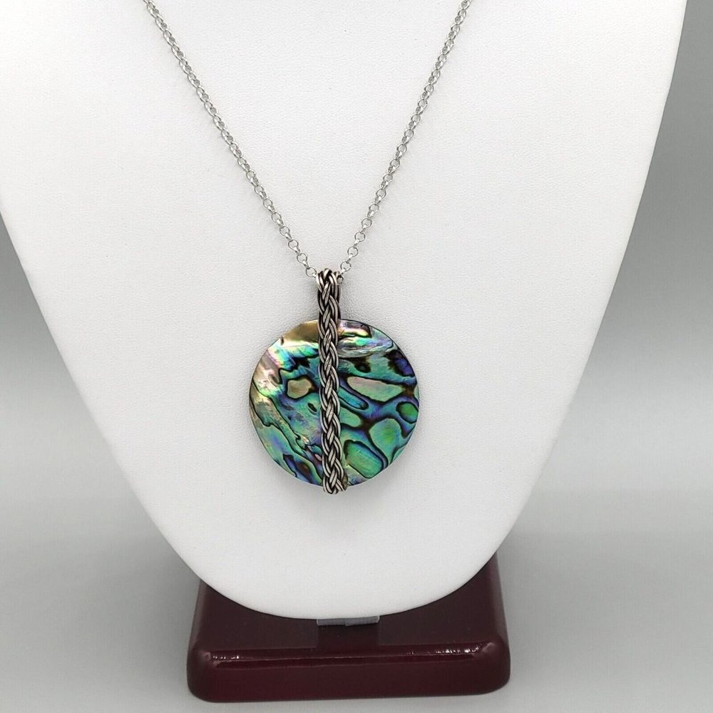 Womens Round Mother Of Pearl Pendant Silver Tone Round Link Chain Necklace 22 in - Picture 2 of 8